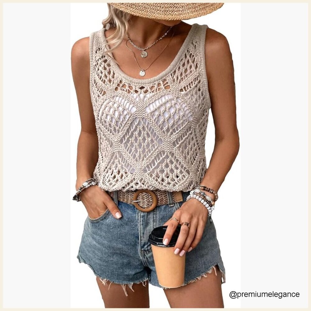 Crochet Sweater Vest Tank Top Scoop Neck Sleeveless Pullover Boho Summer